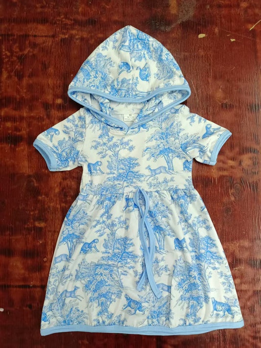Preorder moq 5 Baby Girls Short Sleeves Forest Print Hoodie Knee Length Dress