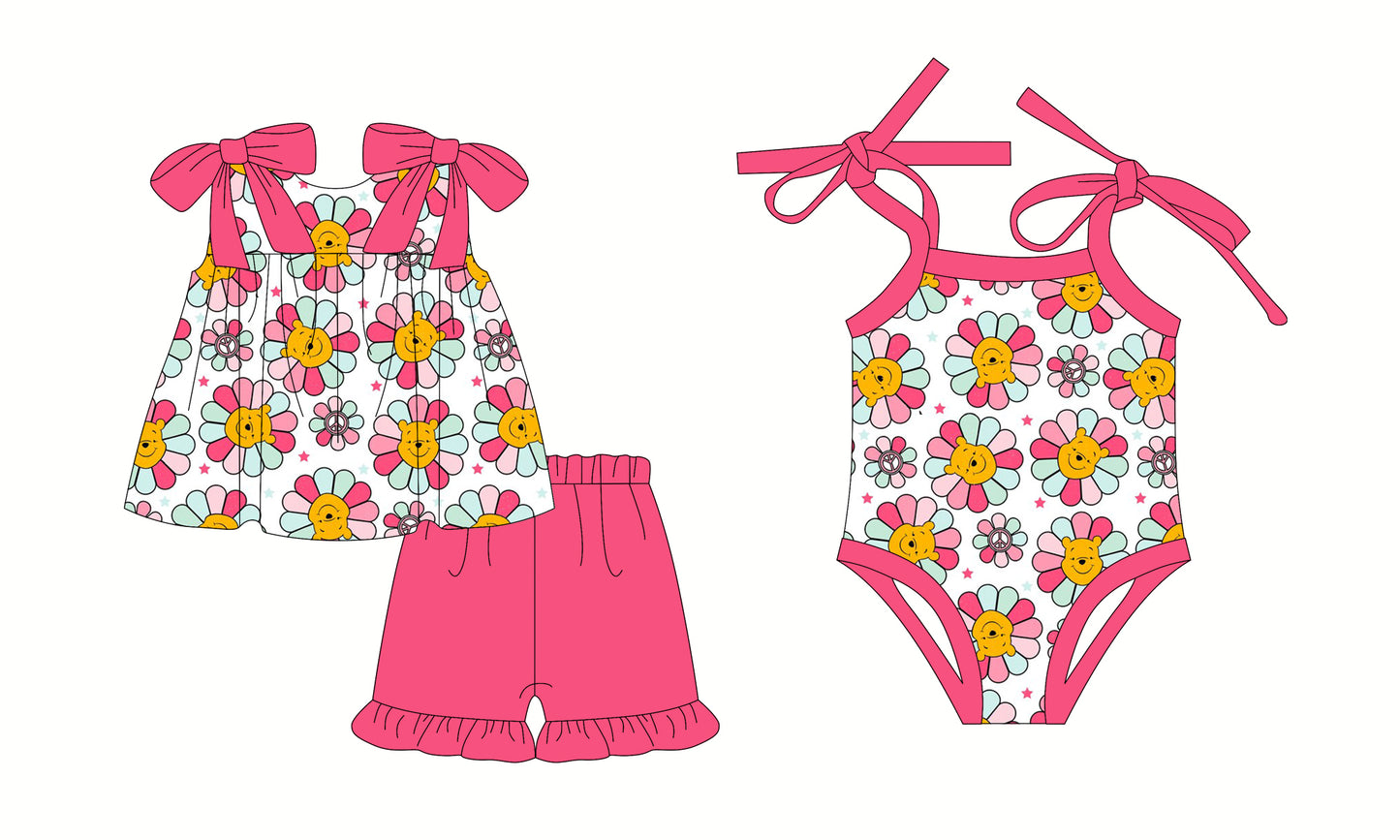 Preorder moq 5 Custom Baby Girls Pink Strap Bear Flowers Tunic Ruffle Short Set Bummies Rompers