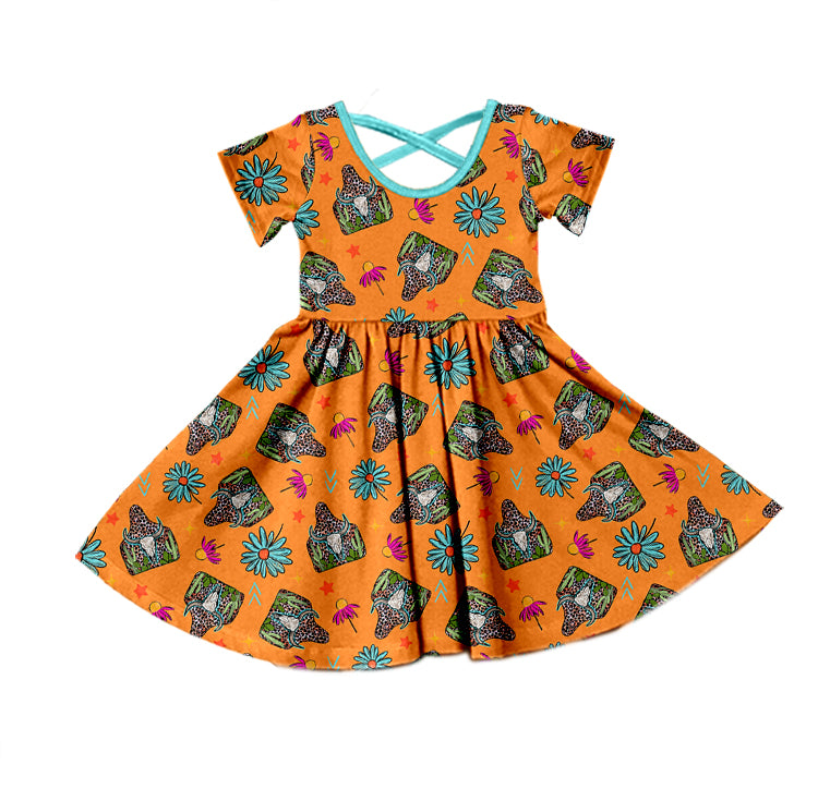 Baby Girls Western Cow Skull Flowers Knee Length Dresses Preorder(moq 5)