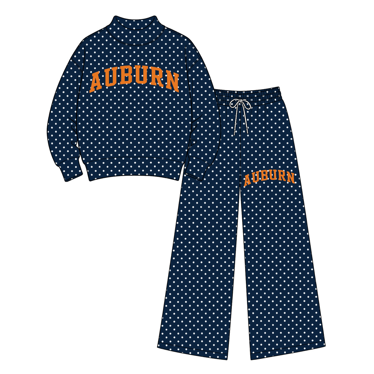 Preorder (moq 5) Adult Women Clothes Auburn Navy Polka Dot Print Long Sleeve Mock Neck Top Wide Leg Pant Set