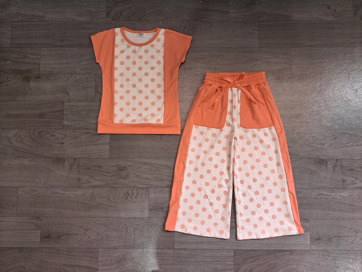 Baby Girls Peach Polka Dots Top Pockets Flare Pant Clothes Sets Preorder