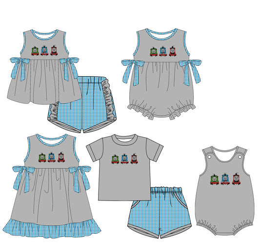 Preorder moq 5 Custom Baby Kids Sleeveless Cartoon Trains Top Shorts Set Knee Length Dress Rompers