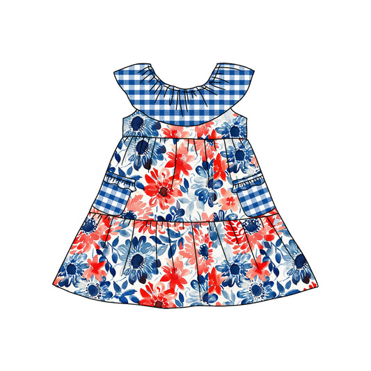 Baby Girls Flowers 4th of July Pockets Knee Length Dresses Preorder(moq 5)