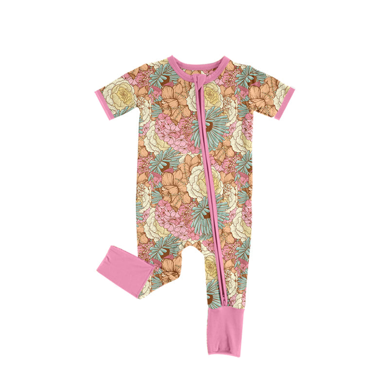 Preorder(moq 5)Baby Infant Girls Spring Flowers Pink Short Sleeve Zip Rompers