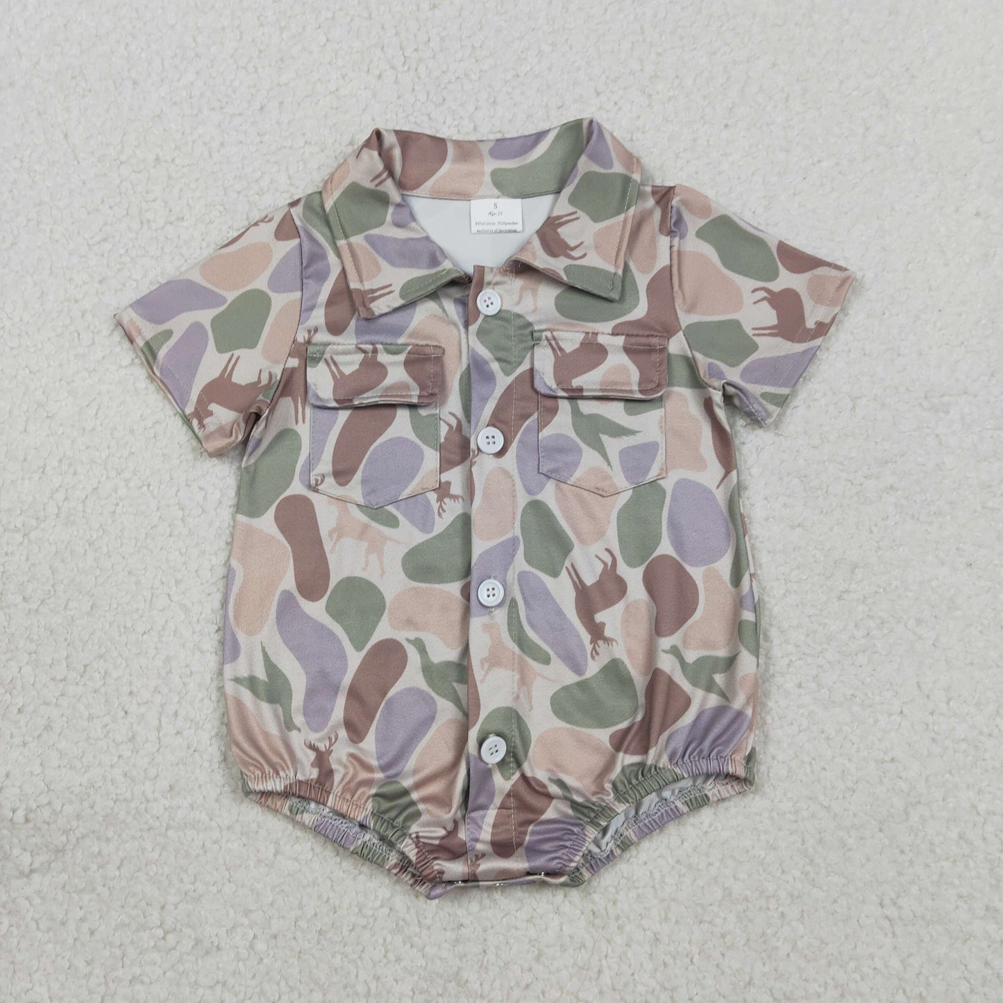Baby Boys Ducks Dogs Deer Camo Pockets Button Hunting Rompers