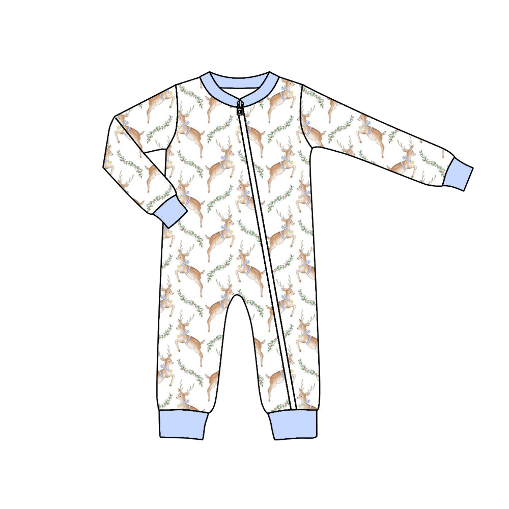 Baby Boys Blue Deer Zip Long Sleeve Rompers Preorder(moq 5)