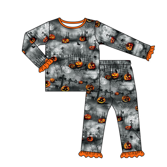 Baby Girls Halloween Pumpkin Shirt Pants Pajamas Clothes Sets Preorder(moq 5)