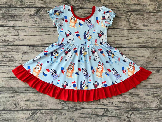 Baby Girls 4th Of July Dogs Red Ruffle Knee Length Dresses
