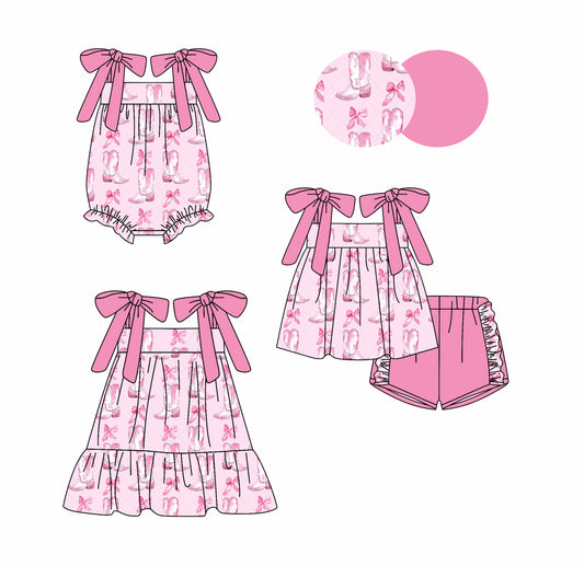 Preorder moq 5 Custom Baby Girls Pink Strap Bows Boots Tunic Ruffle Short Set Knee Length Dress And Rompers