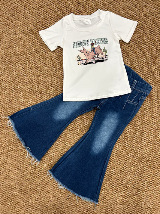 Baby Girls Howdy Easter Cowboy Shirt Bell Denim Pants Clothes Sets