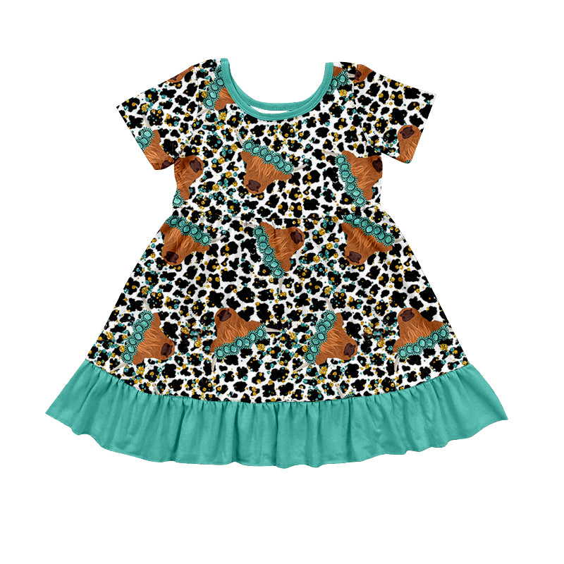 Girls Baby Kids Western Turquoise Cow Ruffle Dresses Clothing preorder(MOQ 5)