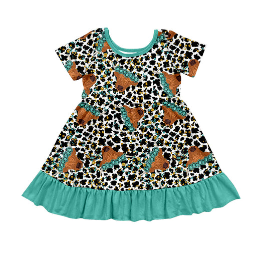 Girls Baby Kids Western Turquoise Cow Ruffle Dresses Clothing preorder(MOQ 5)