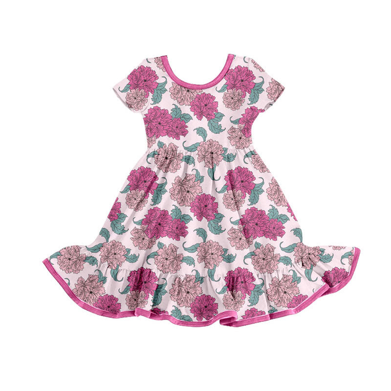 Preorder(moq 8)Baby Girls Pink Flowers Plaid Ruffle Knee Length Dresses