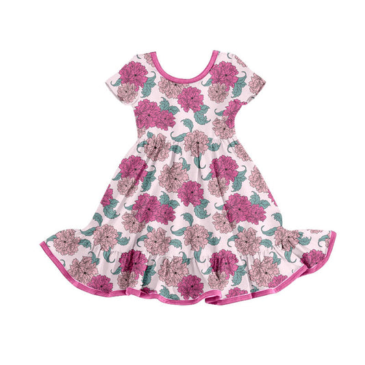 Preorder(moq 8)Baby Girls Pink Flowers Plaid Ruffle Knee Length Dresses