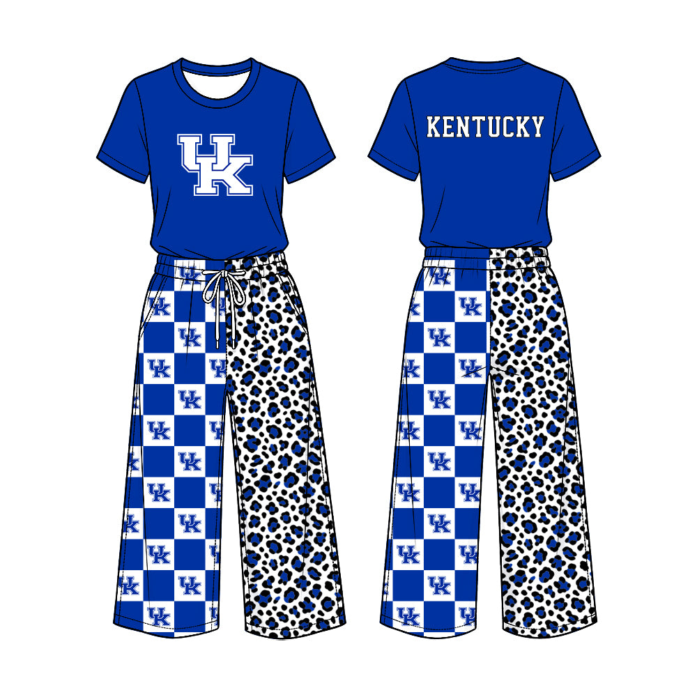 Preorder (moq 5) Baby Girl Clothes Kentucky Wildcats UK Logo Checker Leopard Mixed Print Short Sleeve Top Wide Leg Pant Outfit Set