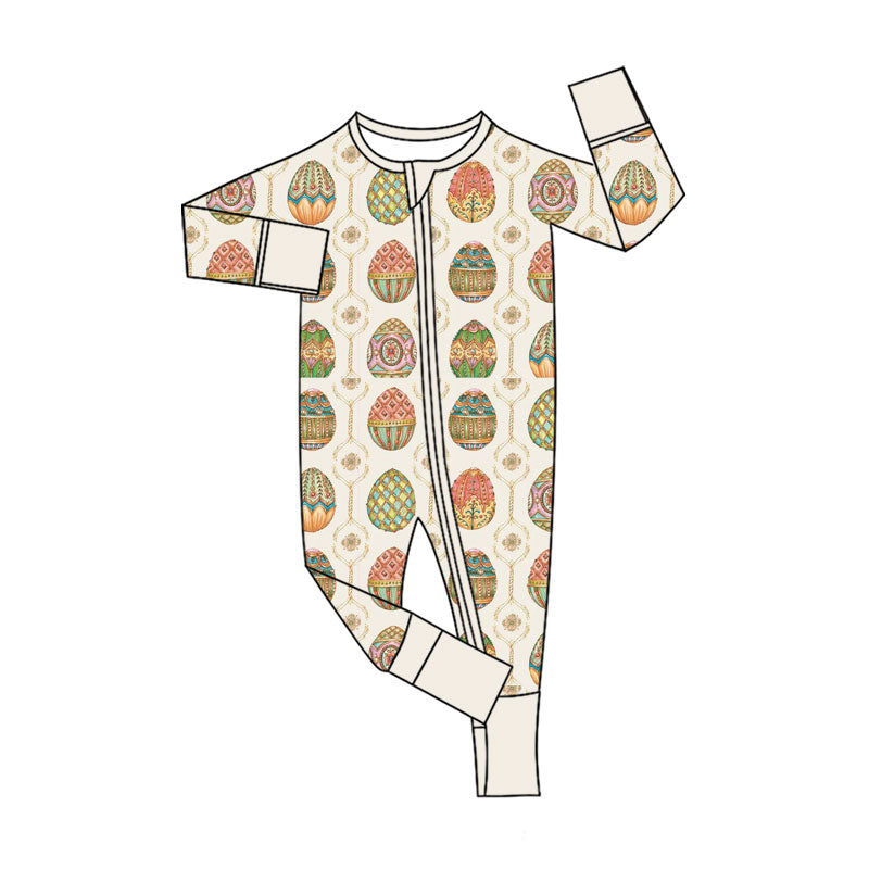 Preorder (moq 20)Baby Girls Bamboo Colorful Eggs Flowers Easter Two Way Zip Convertible Rompers