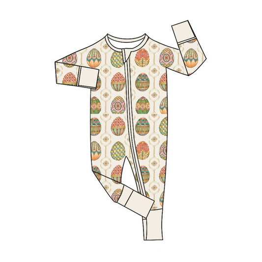 Preorder (moq 20)Baby Girls Bamboo Colorful Eggs Flowers Easter Two Way Zip Convertible Rompers