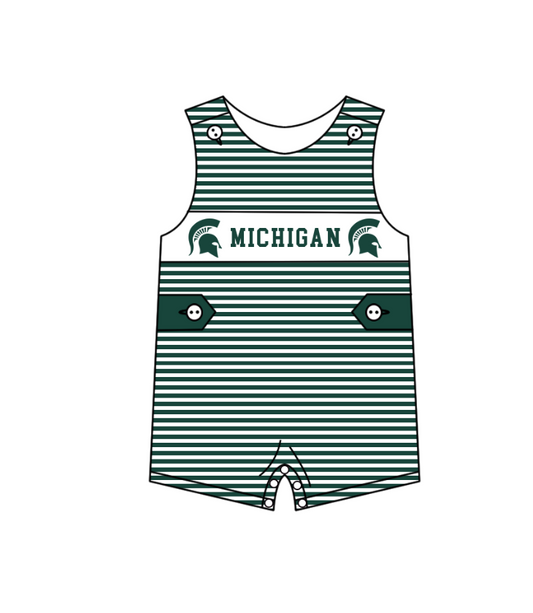 Preorder (moq 5)Baby Boys Sleeveless Green Stripe Michigan Team Rompers