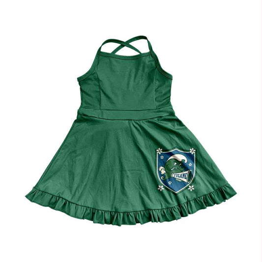 Preorder (moq 5)Baby Girls Green Strap Tulane Shorts Ruffle Team Knee Length Dresses