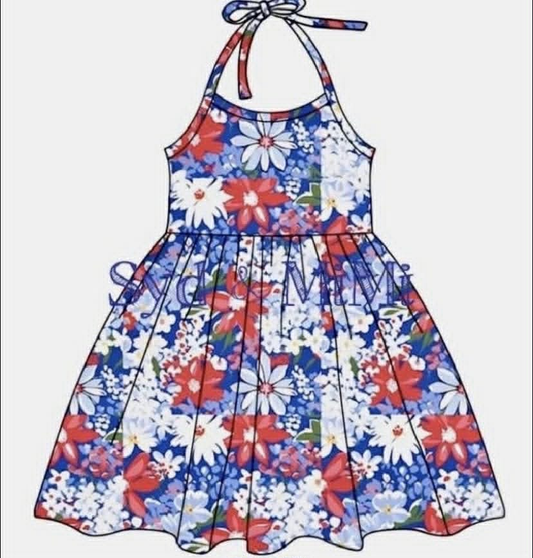 Preorder moq 5 Baby Girls Strap Red Blue Flowers 4th of July Knee Length Dresses