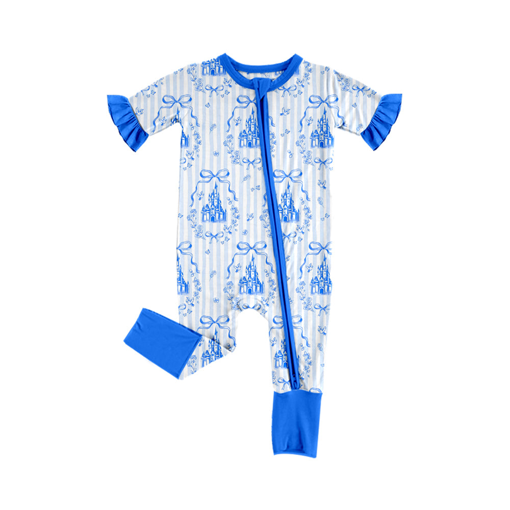 Preorder (moq 5)Baby Girls Blue Stripe Bows Castles Two Way Convertible Zip Rompers