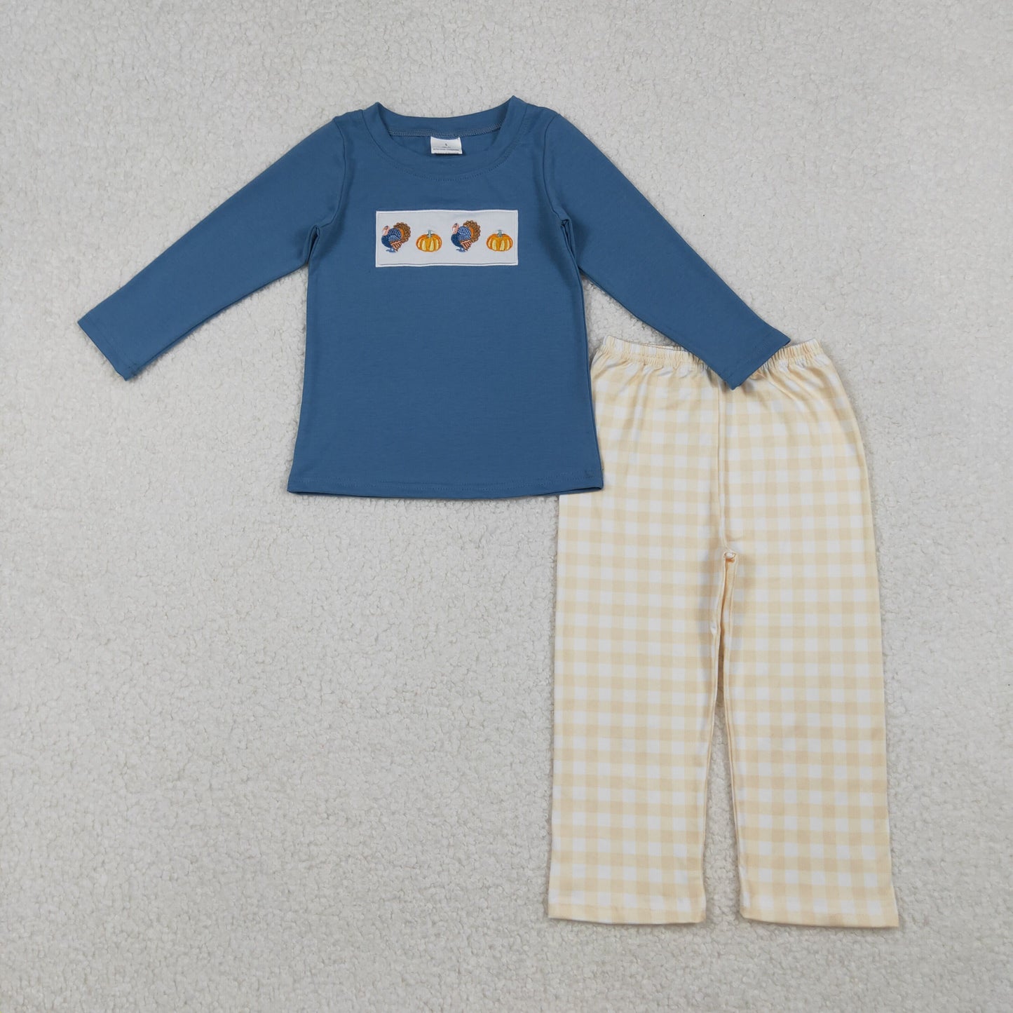 Embroidery Turkey Pumpkins Baby Boys Plaid Pant Thanksgiving Clothes Set