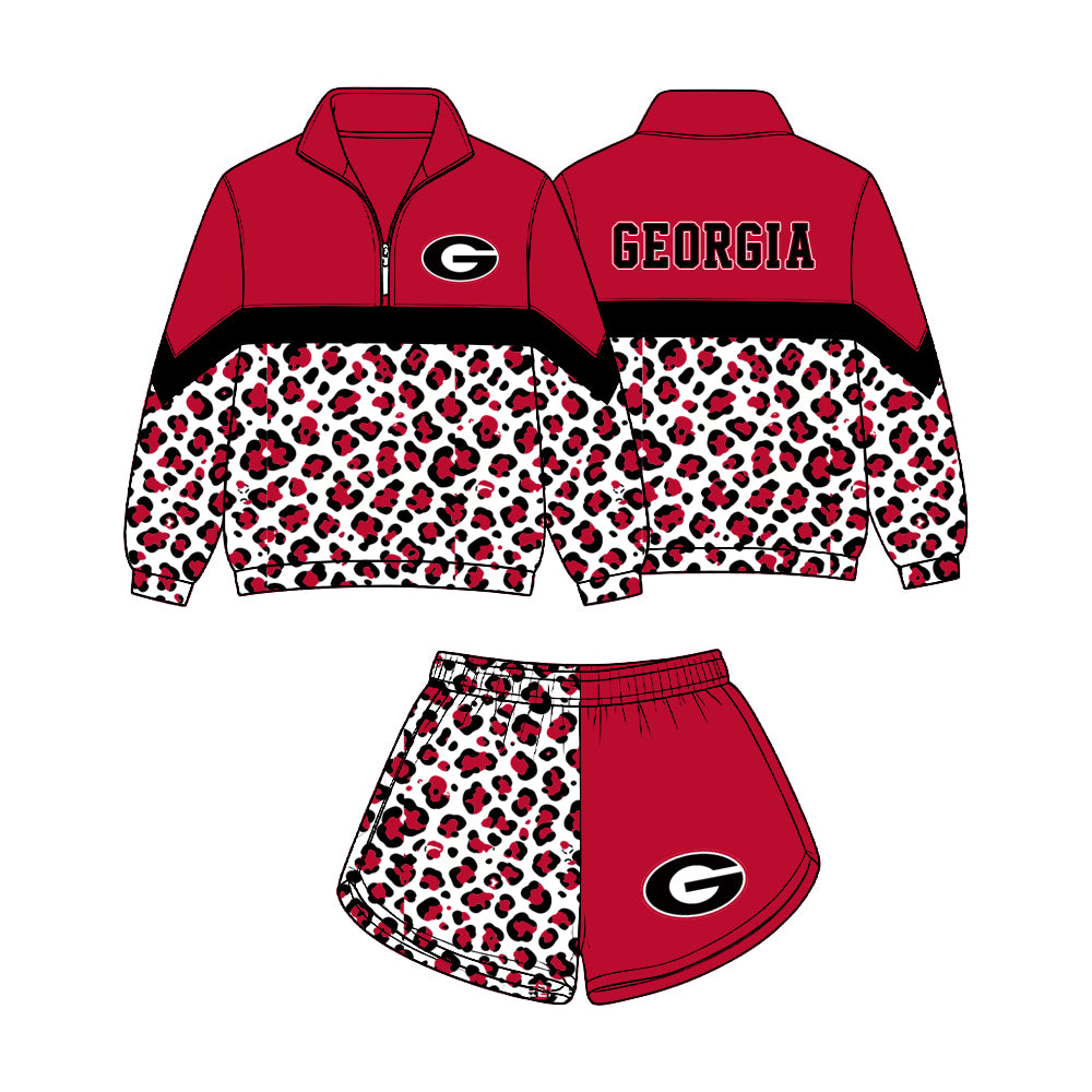 Preorder (moq 5)Baby Girls Black Red Leopard Georgia Zip Pullovers Short Team Clothes Set