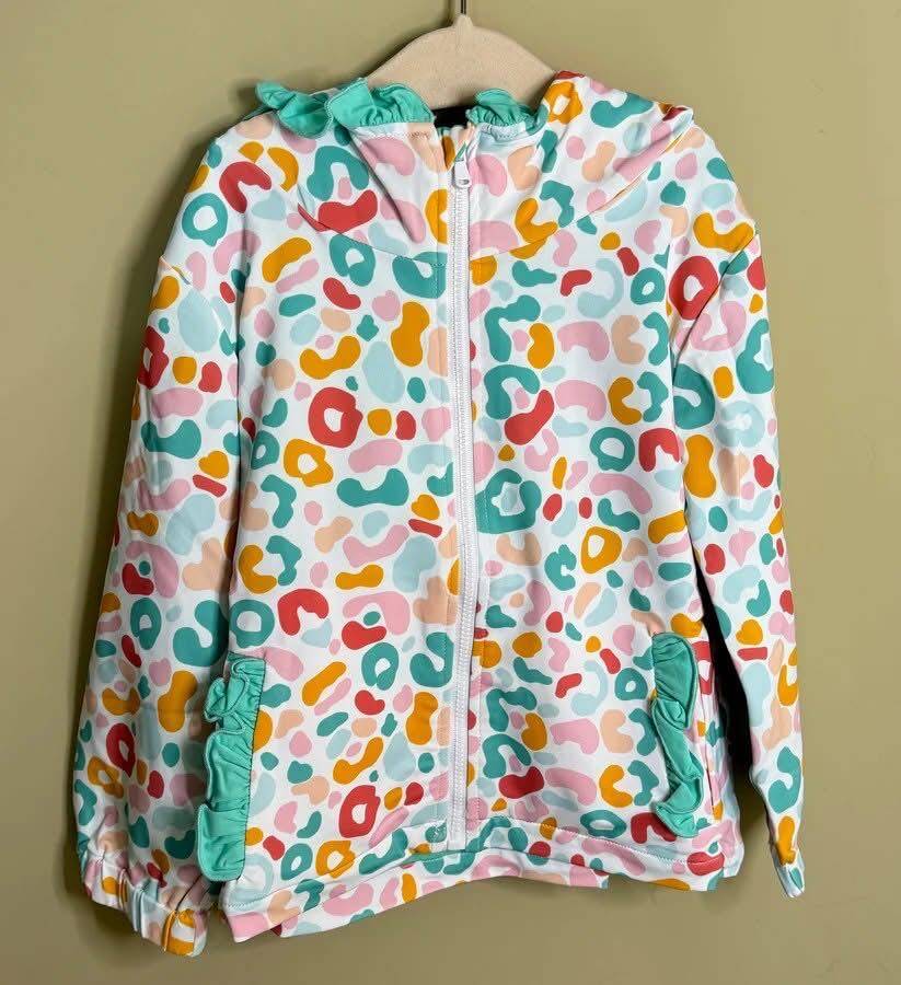Preorder (moq 5)Baby Girls Turquoise Leopard Hooded Ruffle Cardigan Tops