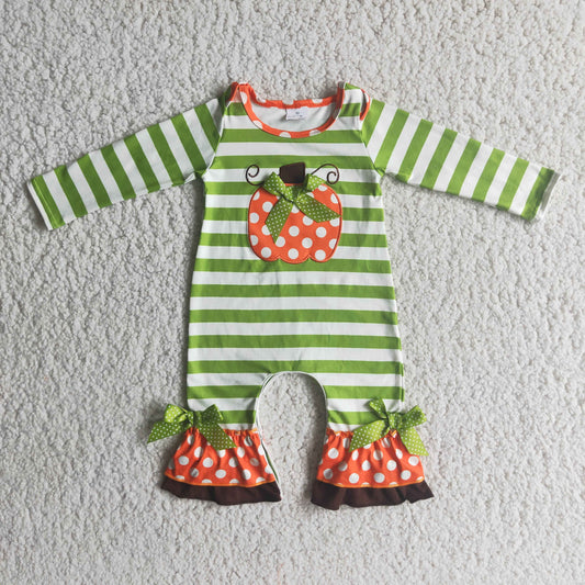 Baby Girls Pumpkin Green Stripes Embroidered Rompers