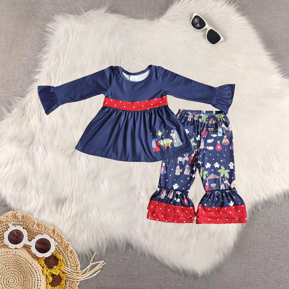 Sibling Girls Baby Girls Christmas Nativity Tunic Ruffle Pant Clothes Sets