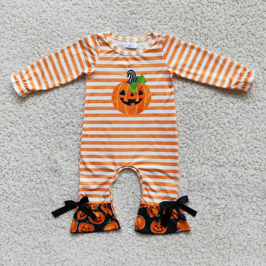 Baby Girls Pumpkin Stripes Halloween Ruffle Rompers