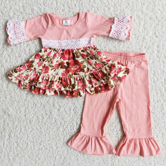 Pink Flowers Baby Girls Lace Shirt Pants Clothes Sets