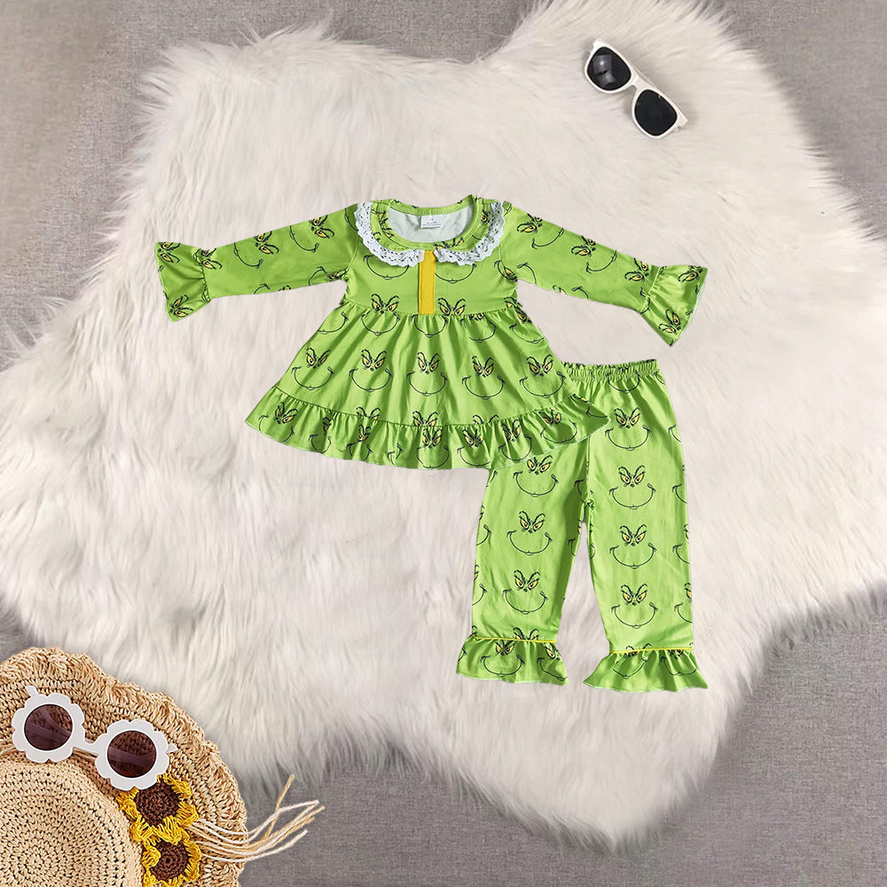 Sibling Baby Girls Christmas Green Face Tunic Ruffle Pants Outfits Sets