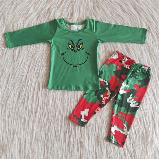 Baby Boys Green Frog Face Shirt Camo Pants Clothing Sets