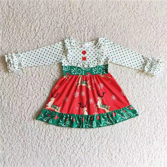 Sibling Baby Girls Deer Plaid Button Pockets Christmas Ruffle Knee Length Dresses