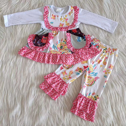 Baby Girls White Floral Pockets Tunic Top Bell Pants Clothes Sets sets