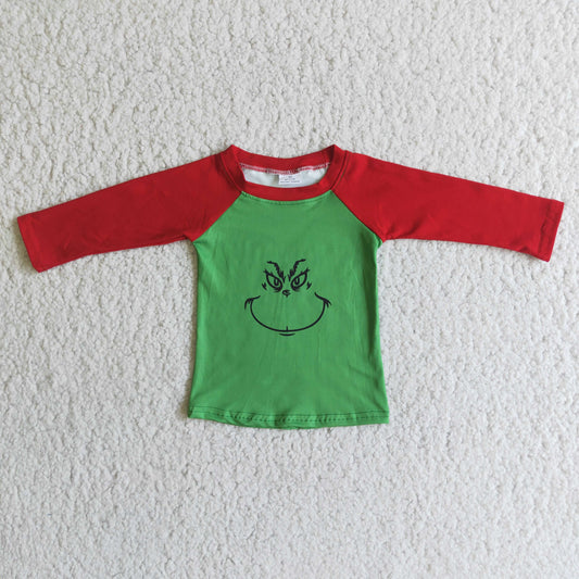 Baby Boys Green Face Frog Christmas Long Sleeve Raglan Shirts Tops