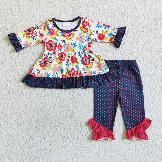 Navy Floral Baby Girls Tunic Top Bottoms Clothes Sets