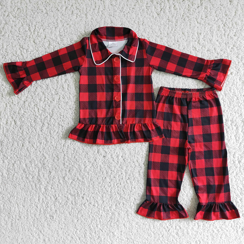 Sibling Baby Boys Girls Red Checked Button Pants Christmas Pajamas Sets