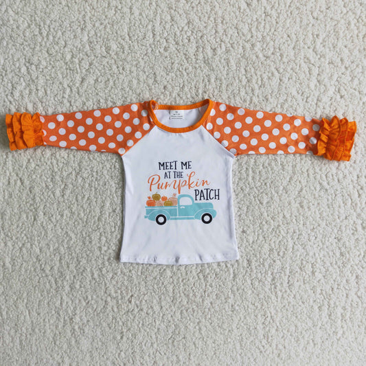 Baby Girls Meet Me Pumpkin Tractor Orange Dots Long Sleeve Tee Shirts Tops