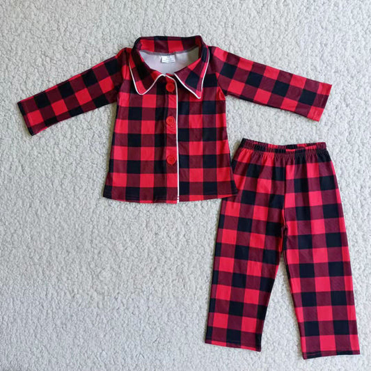 Sibling Baby Boys Girls Red Checked Button Pants Christmas Pajamas Sets