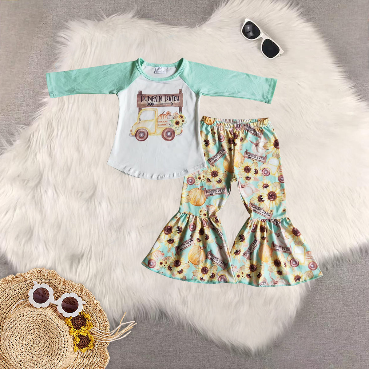 Sibling Baby Girls Long Sleeves Pumpkin Truck Tunic Bell Bottom Pant Fall Clothes Set