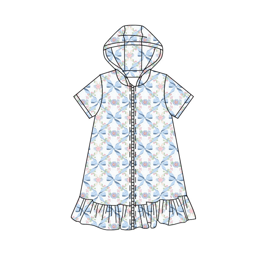 Preorder moq 5 Baby Girls Short Sleeve Flowers Bows Fall Zip Ruffle Knee Length Dresses