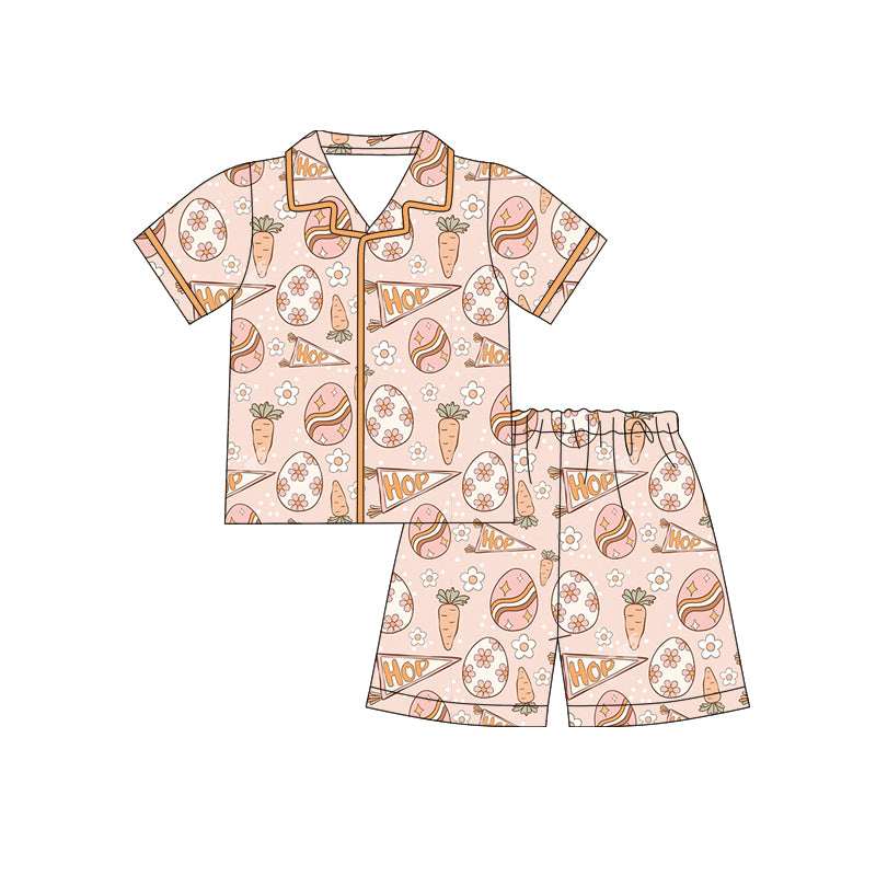 Preorder (moq 5)Baby Girls Carrots Hop Flowers Button Top Shorts Easter Pajamas Sets
