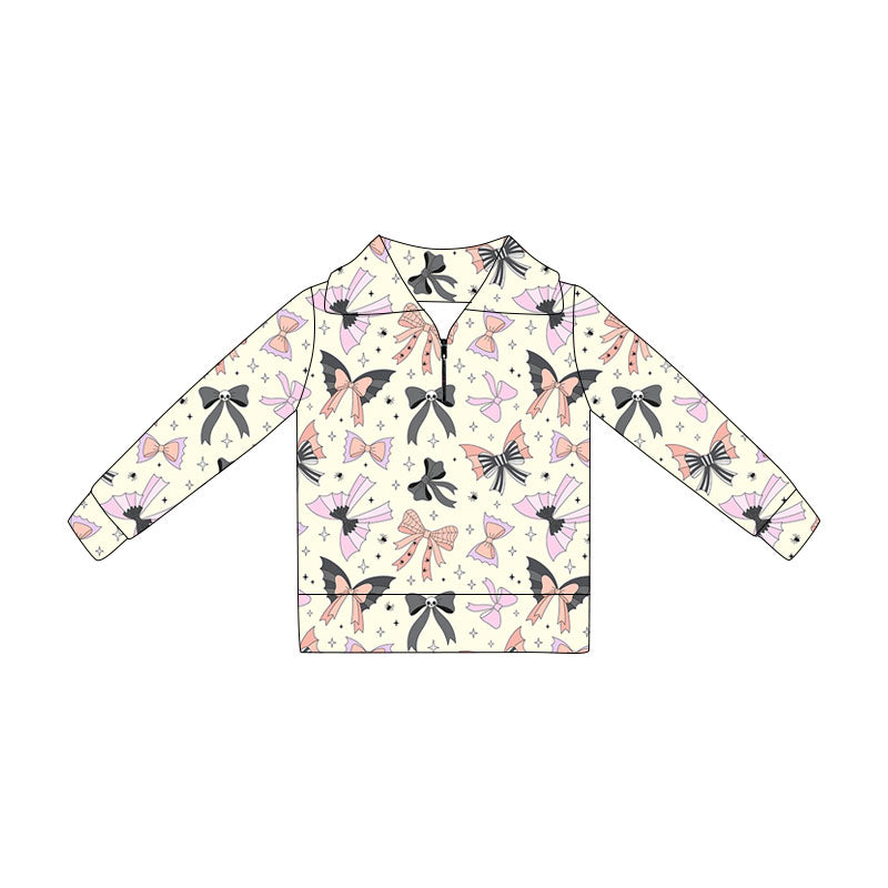 Preorder (moq 5)Baby Girls Long Sleeve Spider Bows Halloween Zip Pullovers Top