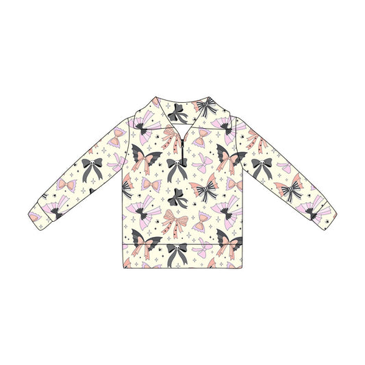 Preorder (moq 5)Baby Girls Long Sleeve Spider Bows Halloween Zip Pullovers Top