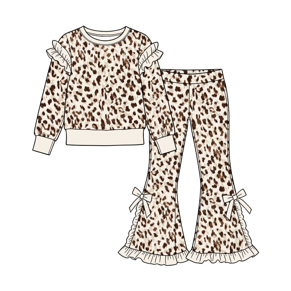 Preorder (moq 5) Baby Girl Clothes Soft Leopard Allover Print Long Sleeve Ruffle Flare Pant Set