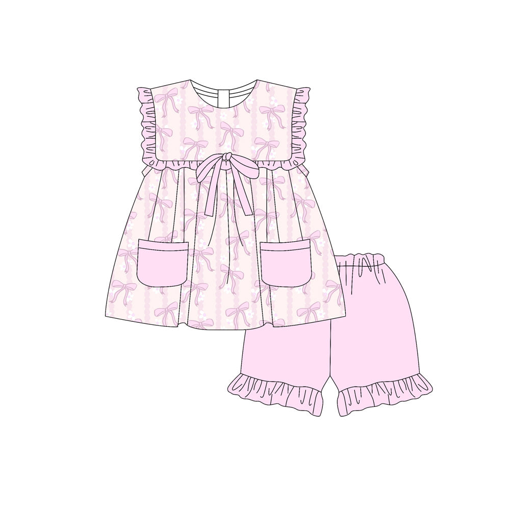 Preorder (moq 5)Baby Girls  Sleeveless Bows Stripe Pockets Tunic Ruffle Short Clothes Set