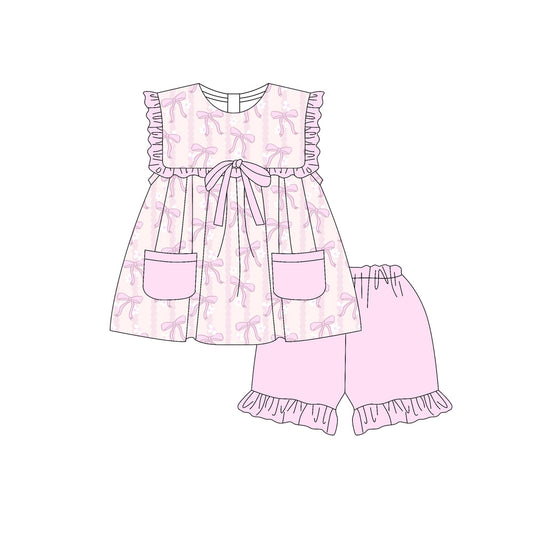 Preorder (moq 5)Baby Girls  Sleeveless Bows Stripe Pockets Tunic Ruffle Short Clothes Set