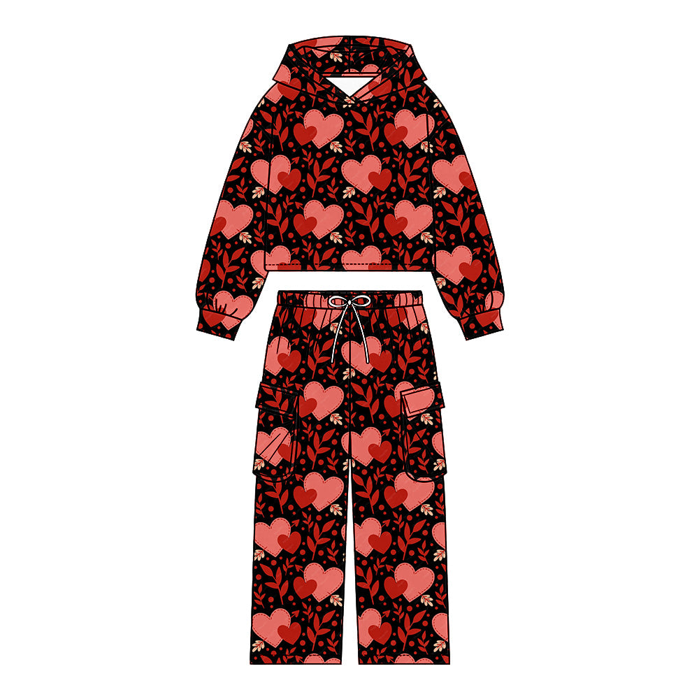 Preorder (moq 5) Girls’ Fall Valentine’s Day Black & Red Heart Bow Leaf Pocket Crewneck Sweatshirt & Wide-Leg Pants Set